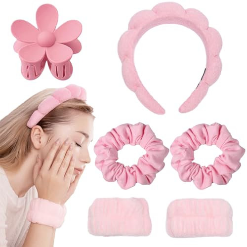 6 Pièces Set de Bandeau De Spa, Femme Bandeau Maquillage, Serre Tete Maquillage, Utilisé pour le Nettoyage du Visage, Le Maquillage, Le Yoga, l'Exercice (Rose)