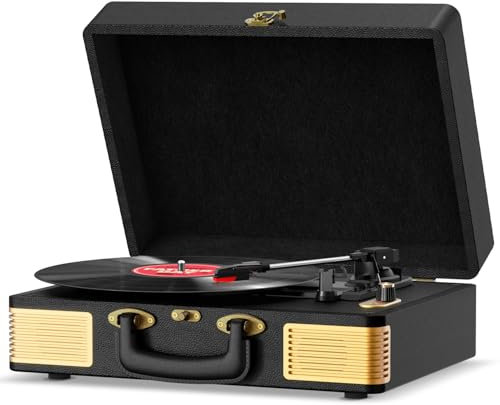 Record Player, FYDEE Vinyl Record Player Built-in 2 Speakers, Retro Vinyl Player with 3-Speed ​​(33/45/78 RPM) Bluetooth Turntable, Portable Suitcase Supports RCA and Headphone Jacks - Light Black