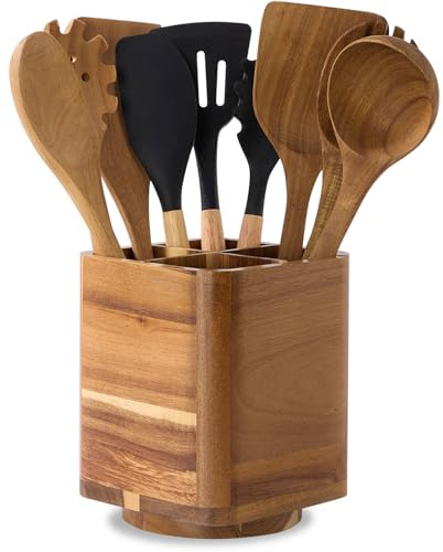 LOHONER Wood Utensil Holder for Kitchen Counter, 360° Rotating Kitchen Utensil Holder, 7.2x 6 Large Acacia Cooking Utensil Crock for Countertop (SQUARE)
