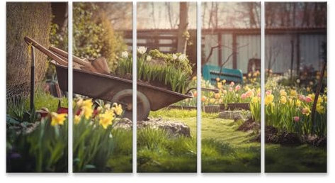 islandburner Quadro su tela giardino fiorito carriola in primavera con tulipani e narcisi immagini murali poster