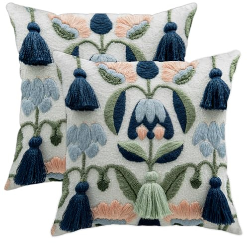 Juego de 2 fundas de almohada bordadas con flores, azul marino y verde claro, fundas de cojín con borlas, decoración cuadrada para el hogar, sofá, cama, 26 x 26 pulgadas