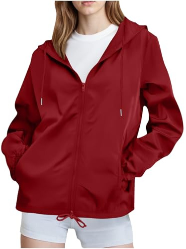 KOG Regenjacke für Damen Wasserdicht Outdoorjacke Leichte Windbreaker Festival Jacke Einfarbige Bekleidung Fahrradmantel Slim Fit Trainingsjacke Freizeit Jacken Frau Bomberjacke Rot XXL