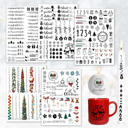 6 Stück Kerzentattoo Weihnachten, A5 Kerzen Tattoo Folie Advent, Kerzentattoos Wassertransferdruck, Wasserschiebefolie Kerzen Tattoo, für Adventskerzen, Tasse, Keramik (A)