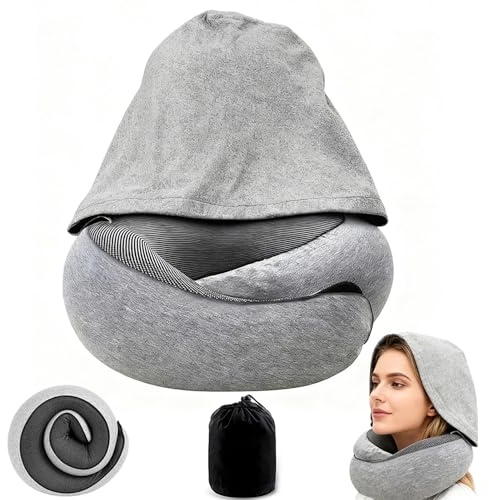 LUPATDY Coussin de Voyage, Coussin de Nuque avec Capuche, Oreiller Memoire Forme Réglable pour Adulte, Oreiller pour Dormir dans l’Avion, Voiture, Train, Bus