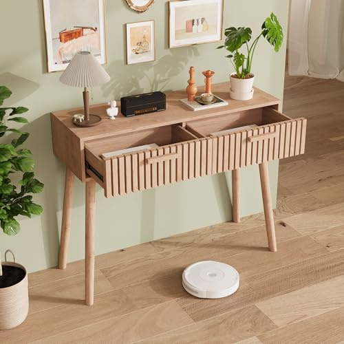 FEEOHOME Console Meuble, Table d'Entrée Étroite avec 2 Tiroirs, Console Entree Couloir, Meuble Table d'appoint pour Couloir, Salon, Chambre, Couleur du Bois Naturel, 100 x 35 x 80cm