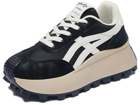 Trcloltc Dammode Chunky plattform sneakers söta, nät bomullsfoder, minnesskum innersula, 4 cm klack, flerfärgad, 88612beige svart, 38 EU