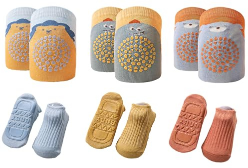 daqoupzi 3 Paar Knieschoner Baby Krabbeln und 3 Paar Rutschfeste Socken Baby, Krabbelhilfe für Babys，Krabbelsocken, Socken für Babys mit Gummipunkten,Geeignet für Jungen und Mädchen
