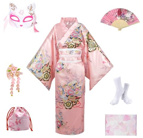 YOOCHUENG 8-st japanska kimonos för kvinnor, kimono morgonrockar Geisha Yukata-klänning, damer satin morgonrockar lätt, presenter för kvinnor, presentförpackning ingår, Rosa, one size