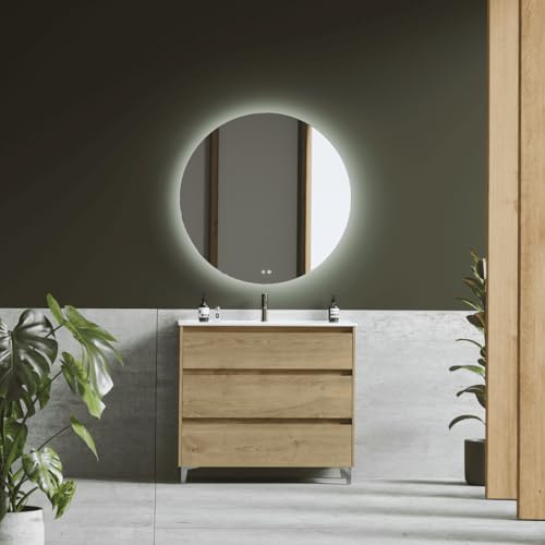 Mueble de Baño A Suelo con Lavabo Cerámico modelo Veloz|Mueble Baño con Patas Cromo 3 Cajones | 70 cm Roble Natural