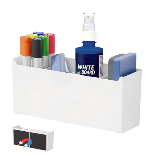 FRETONBA Magnetischer Stiftehalter Whiteboard, Stifthalter Magnetisch | Magnetisch Markerhalterung mit 3 Abnehmbare Trennplatten, Magnet Stiftablage für Schule, Kühlschrank (Groß, Weiß)