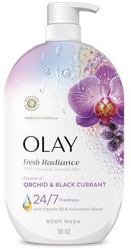 Olay Body Wash for Women, Fresh Radiance, 24/7 Skin-Loving Freshness, Visibly Radiant, Plant Based Cleansers, Vitamin B3 & Antioxidant Blend, For All Skin Types, Orchid & Black Currant Scent, 35 fl oz