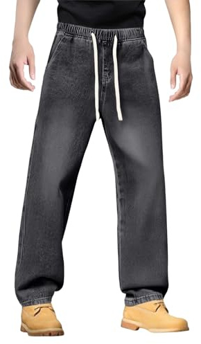 Generiska jeansbyxor för män normal passform: Denim byxor med dragsko jeans raka ben jeans långa tygbyxor andas slip-on byxor lätta fritidsbyxor klassiska utomhus stretchjeans för unisex, GRÅ, XXL