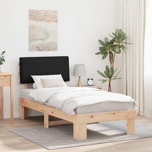 GeenYuu Bettgestell Schwarz 90x200 cm, Massivholz Kiefer, gepolstertes Kopfteil, Einzelbett, langlebiges Schlafzimmermöbel, kein Boxspring erforderlich