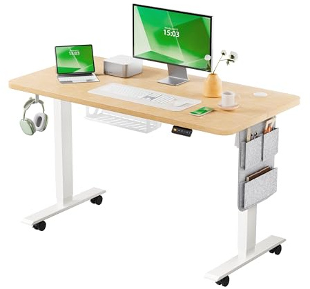 MAIDeSITe Elektrischer höhenverstellbarer Schreibtisch, 100 × 60 cm Sitz-Steh-Schreibtisch mit Kabelwanne, Haken und Aufbewahrungstaschen, Stehpult mit Speichersteuerung für Homeoffice