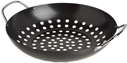 TableCraft BBQ Metal Handle 13-Inch Non Stick Coating Round Grilling Wok, Small, Black