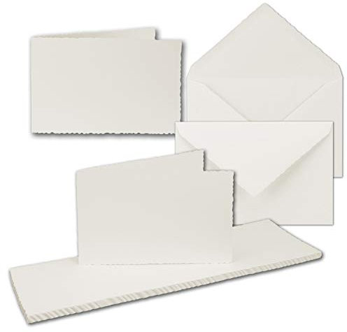 50x Vintage Faltkarten-Set mit Zackenschnitt Querdoppelt - Natur-Weiß - Edel-Bütten Doppel-Karten mit Brief-Umschläge - DIN B6-11,0 x 17,3 cm - imitierter Büttenrand gestanzt - by GUSTAV NEUSER