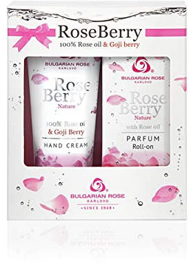 Rose Berry Nature Gift Set Femmes Roll-On Parfum et Crème pour les Mains avec 100% d'huile de Rose et de Baies de Goji Sans Parabènes