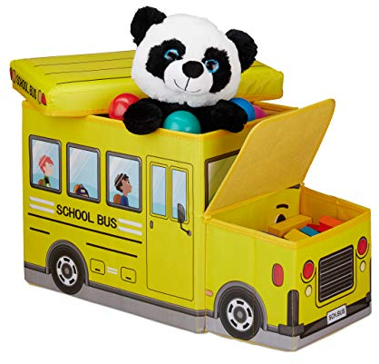 Relaxdays Sgabello Bambini Contenitore Giocattoli con Scomparto, Pieghevole & Salvaspazio, Scuolabus 50 l Giallo