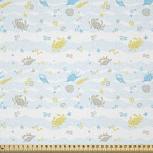 ABAKUHAUS maritim Stoff als Meterware, Krabben und Muscheln, Seidiger Satin Stoff für Polster Heimtextilien, 1M (148x100cm), Gelb und Blau