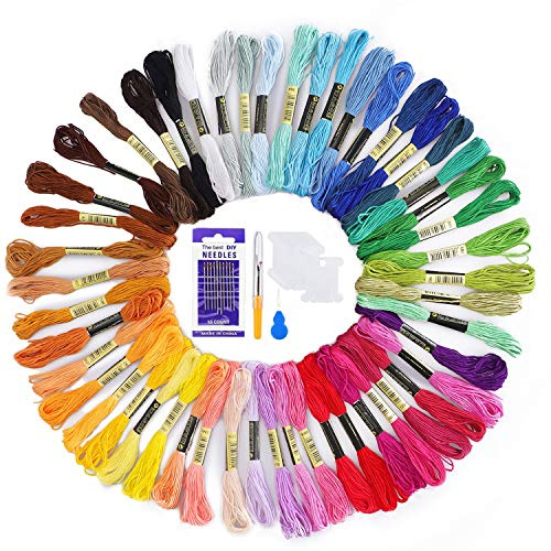 AUERVO Embroidery Threads 50 Skeins Per Pack Embroidery Floss,Cross Stitch Threads，Friendship Bracelets Floss，Crafts Floss Rainbow Color with Free Embroidery Needles,Floss Bobbins