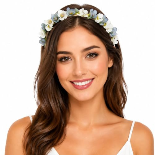 Blumen Haarreif Elfe - Farbauswahl - Kopfschmuck Haarschmuck Hochzeit Oktoberfest Dirndl Blumenmädchen Kirchweih (Weiß/Grau, Einheitsgröße)