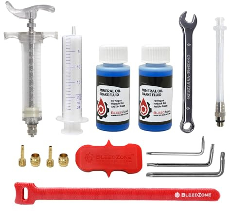 BleedZone Pro Magura Disc Brake Bleed Kit – Bike Brake Bleed Kit with 2X 60ml Mineral Oil Brake Fluid, 20ml Syringe, 8mm Combination Wrench, Hose Fitting - MTB Bleeding for Magura Brakes