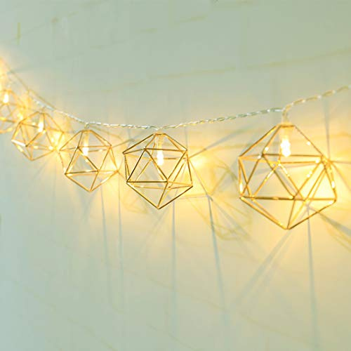 KINGCOO Geometrische Metall Lichterkette, 20LED Gold Vintage Lampenschirm Metall Polygon Laterne Käfig Dekorative Lichterkette Batteriebetriebene für Wohnzimmer Party Hochzeit Garten (Polygon)