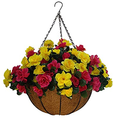 Indoors And Outdoors Decoration Artificial Silk Flowers Plant Cute DIY Chain Hanging Basket With Flower Pot For Yellow And Rose Red Azaleas (Big Basket)