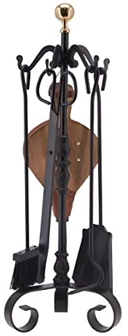 PEGANE Serviteur/Garniture de cheminée Ensembles d'outils Pince à feu Pelle Brosse en Fer forgé avec Boule dorée Coloris Noir - Hauteur 72cm