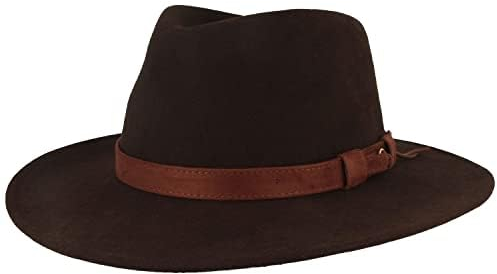 Breiter Rollbarer Outdoor Filzhut Trekkinghut 100% Wolle, Wasserabweisend, Faltbar, Ledergarnitur, Huteinlagen, Herren und Damen (Braun - Fransen, 54)