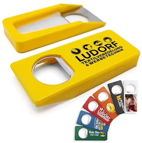 #teamludorf Personalisierte Flaschenöffner mit Verschluss (50 Stück, Gelb) – Mit eigenem Foto, Logo & Text bedruckbar – Nachhaltig aus Recycling-Kunststoff
