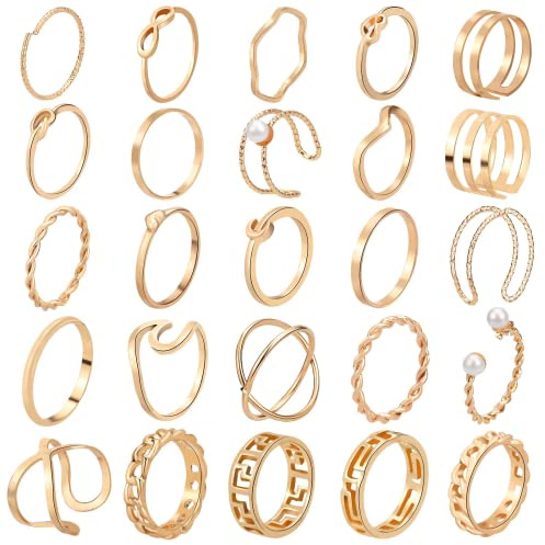 Defrsk 25 Pcs Knuckle Rings for Women Stackable Rings Set Girls Bohemian Retro Vintage Joint Finger Rings Hollow Carved Flowers Jewelry Gifts (B-Gold 25PCS)