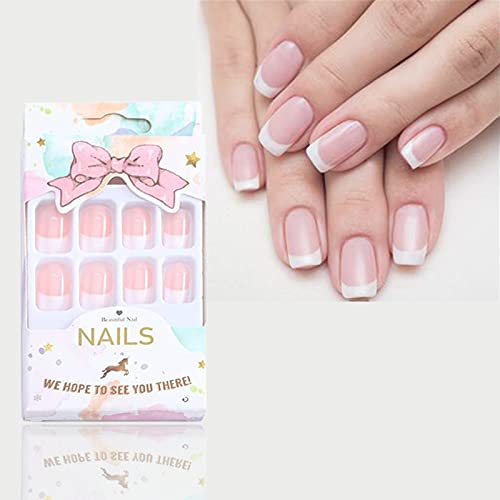 BGHK 24 Stück Nägel zum Aufkleben kurze, pinkfarbene French Ballerina Kunstnägel, vollflächige Nägel zum Aufdrücken für Damen, mit Kleber und Geleekleber.