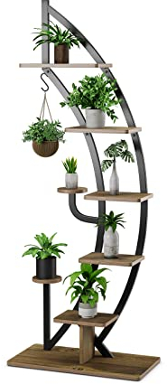 TANGZON 8-Tier Plant Stand, Curved Half Moon Shape Ladder Flowers Shelf with Hook, Indoor Metal Frame Creative Flower Pot Rack for Living Room, Bedroom and Entryway (1 Pack, Black + Brown)
