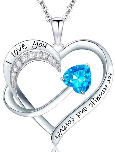 Emma Manor EM Love Heart Pendant Necklace for Women 18k White Gold Plated 5A Cubic Zirconia Engraved I Love You Jewellery Gift for Girls Wife (Sea Blue)