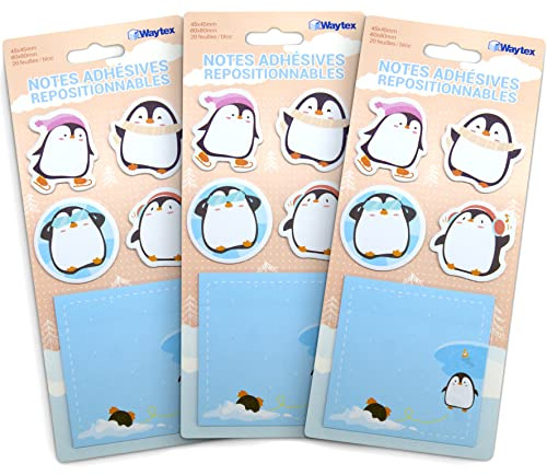 WAYTEX 300 notas adhesivas reposicionables Fantasías Animales Lindos 3 expositores de 100 notas, 4 minibloques forma pingüinos y 1 bloque cuadrado de 8 x 8 cm impreso