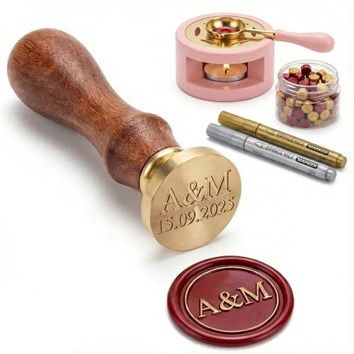 Sello de Cera Personalizado, Sello de Lacre para Invitaciones de Boda con tu Logo, Iniciales o Diseño - Mango de Madera y Latón