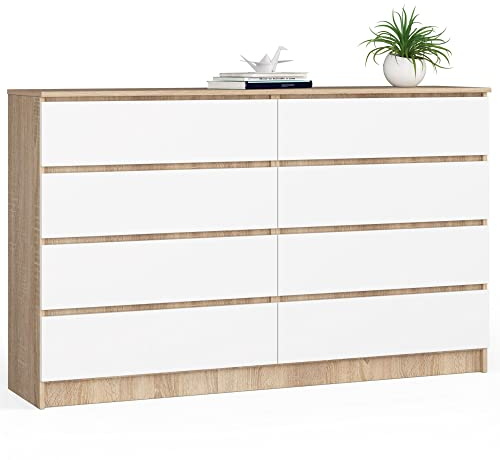 AKORD Cassettiera K 160 cm | 8 Cassetti | Moderna Mobiletto per il soggiorno Camera da letto Armadio Soggiorno Bagno | Salvaspazio | 160 x 99 x 40 cm | Quercia di Sonoma |Bianco