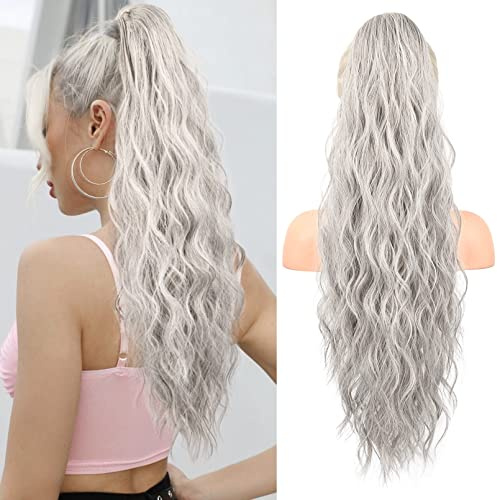 Flufymooz Ponytail Extension Pferdeschwanzverlängerung, 66 cm Pferdeschwanz mit Kordelzug Haarverlängerungen, Lockiger Pferdeschwanz Synthetisches Haarteil für Damen (Grau/Silber/Weiß gemischt)