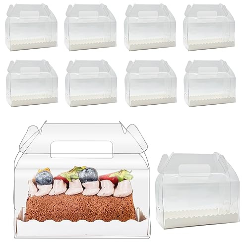Roppolo 15 Pcs 16 x 9 x 9 Cm Clear Roll Cake Gable Boxes with Handle & Cake Boards, Transparent Plastic Gift Boxes，Easy Carrying Pastry Containers for Bakery Christmas Wedding