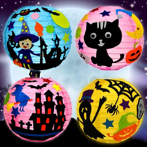 KATELUO 4 Stück Halloween Papierlaternen, Halloween Laterne Papier, DIY Papierlaterne, Papierlaterne mit Stab, Faltbare Papierlaternen für Halloween/Outdoor/Sankt Martin Party/Partydekorationen