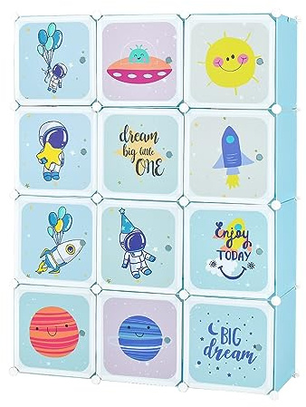 GYMAX Cartoon Clothes Closet, Portable Kids Wardrobe with Hanging Section, 12 Cubes Children Storage Unit for Bedroom Nursery (Blue, 110 x 35 x 144cm)