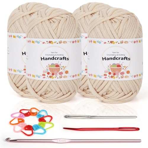 Coopay 4 x 50g Baumwolle Häkelwolle für Anfänger, Gut Sichtbare Maschen Garn Häkelgarn mit Häkelzubehör, Chunky Wolle zum Häkeln, Dickes Baumwoll-Nylon-Mischgarn für Tasche, Puppen - Beige