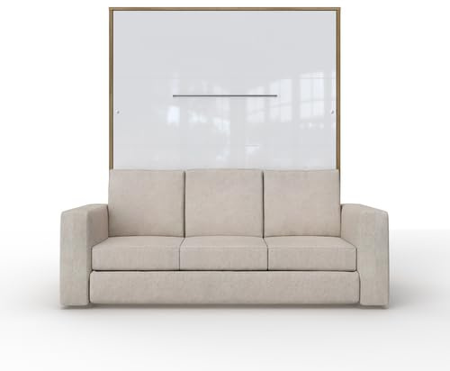 MAXIMAHOUSE Schrankbett vertikale mit Sofa, Invento LED 160V mit Lattenrost aus Holz, Wandklappbett 160x200 Erwachsene, modern Concept und Design (Eiche Country/Weiß Glanz + beiges Sofa)