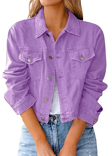 L9WEI Veste en jean vintage pour femme - Veste courte mi-saison avec bouton décontracté à revers Kura