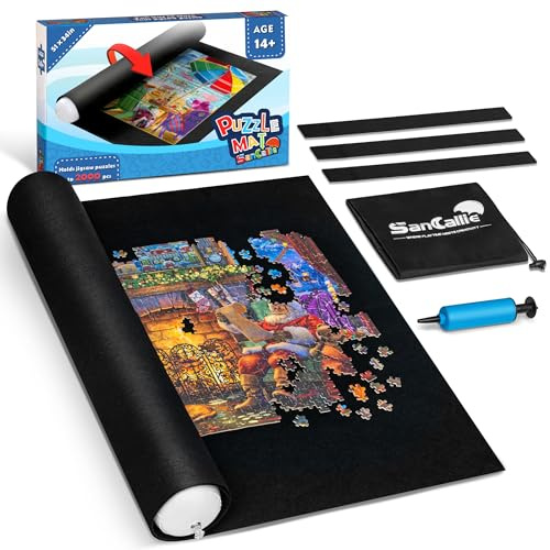 Sancallie Puzzlematte zum Aufrollen, 129,5 x 86,4 cm, Filzmatte, Puzzlematte bis zu 2.000 Teile, Geschenkbox mit Kordelzug-Aufbewahrungstasche, 3 Gummibänder, Handpumpe, tragbare Puzzlematte