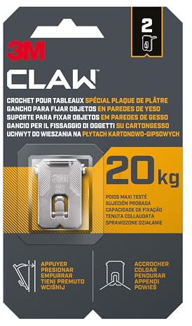 3M CLAW Gancio appendiquadri per cartongesso, 20 kg 3PH20-2WMR, 2 ganci
