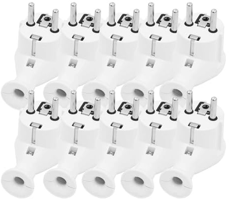 KEL 10 stück winkelstecker uni schuko 16A/230V - reparaturstecker, stecker mit schutzkontakt IP20 - gewinkelt, klappbarer 2 p+Z netzstecker, universal-schuko-Stecker aus kunststoff, weiß