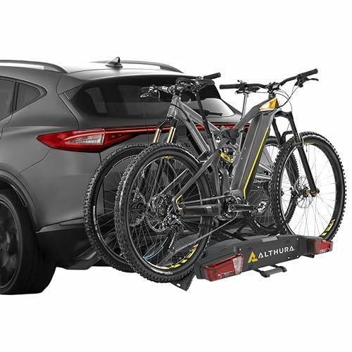 ALTHURA Portabici Auto da Gancio Traino Alpen | 2 Biciclette | E-Bike | Inclinazione | Antifurto | 60kg | Ruote 29 | Interasse 1350mm | Facile Utilizzo