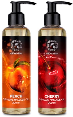Sinnliches Massageöl Set 2x200ml - Pfirsich & Kirsche - Körperöl mit Mandelöl Traubenkernöl und Macadamiaöl - Essbar - Natürlich - Kissable Massage Öl - Massageöl für Paare